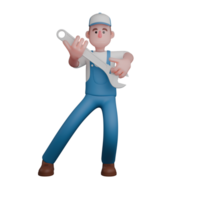 3D Professional Male Mechanic Character. A mechanic holding a large wrench with both hands in a position indicating readiness and caution. Technical png