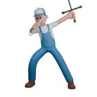 Professional Technical Mechanic in 3D. A mechanic stands with his left leg straight while his right leg is slightly bent and his left hand holds a 4 pole crank while his right hand holds a Man crank png