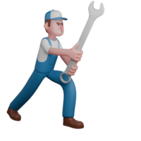 Professional 3D Male Technical Mechanic. A mechanic is standing facing to the left, the position of the left foot is in front and the right foot is behind while both hand holding a large crank png