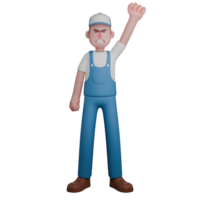 Male Mechanic in 3D Professional Technical. A mechanic with a determined expression, wearing a blue uniform, raising his right hand with a clenched fist. Cartoon png