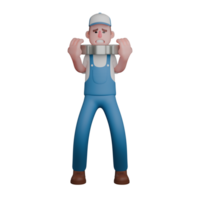 Professional Male Mechanic in 3D Animation. A mechanic is standing with both hands lifting the gear. Technical png