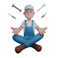 of Professional Male Mechanic. A mechanic in a blue uniform sits in a meditative position with eyes closed, while various repair tools like wrenches, screwdrivers, and spark plugs float around him png