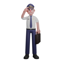 Cartoon Male Pilot. A pilot is standing with his right hand saluting while his left hand is carrying a black bag. 3D Flight Professional png