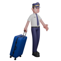 3D Cartoon Pilot. A pilot is walking with his right hand pulling a blue suitcase and his left hand pointing forward. Airline Captain png
