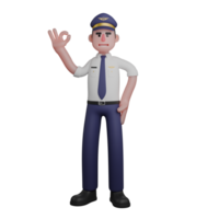 Animated Male Pilot. A pilot is standing with his left hand on his waist while his right hand forms an ok symbol. 3D Professional png