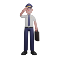 Professional Pilot 3D Art. A pilot is standing with his right hand saluting while his left hand is carrying a black bag. Male Character png