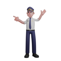 Male Commercial Pilot 3D. A pilot is standing with his left hand up while his right hand is pointing as if he is explaining something. Professional png