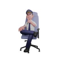 Cartoon Style Airline Pilot. A pilot is sitting in a chair with his left hand holding his chin. 3D Male png