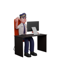 3D Model of Male Pilot. A pilot is sitting in a chair and in front of him is a table and a computer. Professional Aviator png