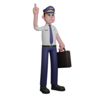 Professional Man in Flight. A pilot stands with his left hand carrying a black bag and his right hand pointing up. 3D Pilot Cartoon png