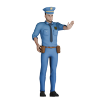 Animated Police Expert 3D. A male policeman stands with his right hand at his waist while his left hand is pointing forward as if stopping. Policeman Cartoon png