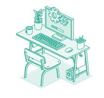 Isometric 3d technology workspace concept. Computer, monitor, plant in pot, desktop and chair. Outline concept. vector