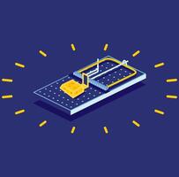 Isometric Mouse Trap with Small Piece of Cheese. Icon on blue background. Empty Snare. vector