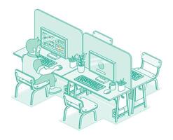 Isometric open space office isolated on white background. Outline, linear style. Man working on computer in modern office. Programmer or web designer. Four desks with computer. vector