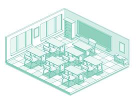 Isometric empty school classroom. Outline style with green lines. Room with desk tables and chairs. Workspace with windows. vector