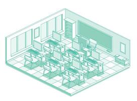 Isometric empty computer classroom in school. Outline style with green lines. Room with desk tables, chairs, monitors and keyboards. Workspace with windows. vector