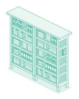 Isometric bookshelf with different books. Outline style with green lines. Library. Detail of bookshop. vector