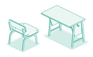 Isometric school desk table and chair. Outline object isolated on white background. Classroom. vector