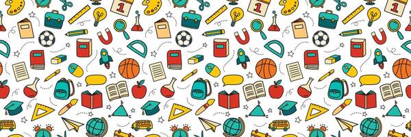 Back to school seamless pattern doodle style background. Education hand drawn objects and symbols icon. vector