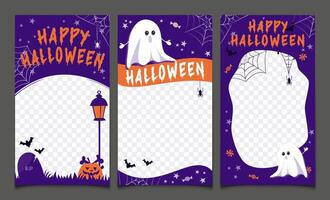Halloween photo frame templates set with little ghost, pumpkin, bats, spider web, stars and grave. Perfect for Halloween invitations, social media posts or party decorations. illustration. vector