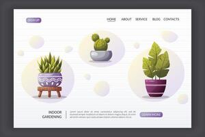 Indoor Gardening Website Landing Page Design. Web page with cactus and green plant in pots standing on wooden stand. Isolated design elements. Perfect for website, promo. illustration. vector