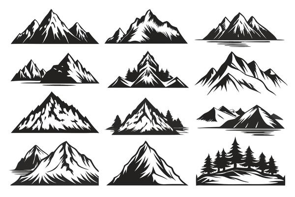 Vintage Monochrome Mountain Clipart Set, Retro Mountain Illustrations for Rustic Designs