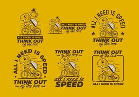 All i need is speed. Retro cute turtle riding a bicycle mascot character illustration vector