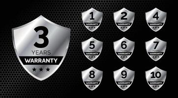 warranty shield silver label icon set. number of years 3, 1, 2, 3, 4, 5, 6, 7, 8, 9, 10. EPS 10 vector