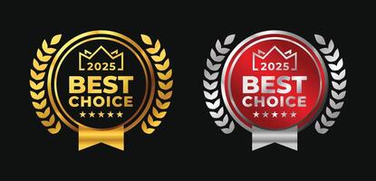 Best choice 2025 premium quality luxury gold label design element. Circle, ribbon, stars, laurel, red, silver frame isolated on black background vector