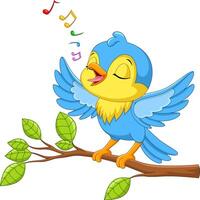 Cute little bird sings on a tree branch vector