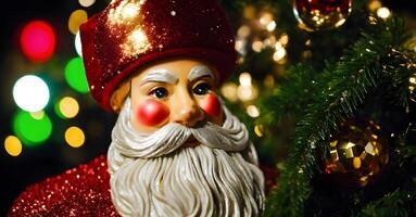 A figurine of Santa and Christmas tree with lights in the background photo