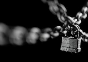 Worn rusted chain and pad lock on black background. Conceptual strength, protection, or security system. Shallow DOF. photo
