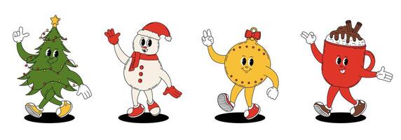Christmas characters in retro groovy style. Christmas tree, toy, mug of hot chocolate and snowman. vector