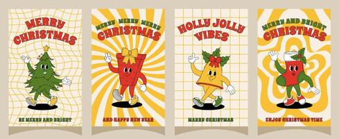 Merry Christmas. Posters with Christmas characters in retro groovy style. vector