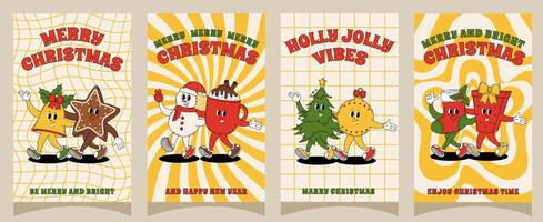 Merry Christmas and Happy New year posters in retro groovy style. vector