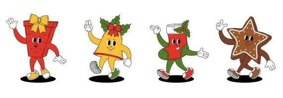 Set of Christmas characters in retro groovy style. Christmas bell, boot, gift and gingerbread. vector