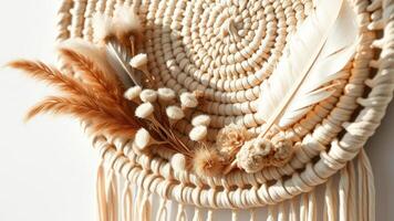 Beige macrame wall hanging with dried flowers and feathers photo