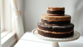 Close up of a three-tier chocolate cake with caramel frosting photo