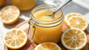 Homemade Lemon Curd in Glass Jar with Lemon Slices photo
