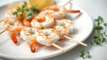 Close-up of Grilled Prawns on Skewers photo