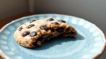 Close-up of a chocolate chip cookie with a bite taken out of it photo