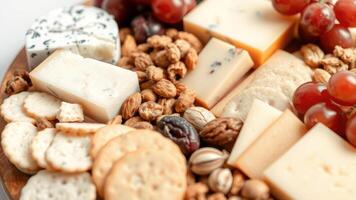 Close-Up of a Cheese Board with Crackers, Nuts, and Grapes photo