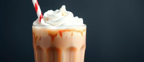 Caramel Milkshake with Whipped Cream and a Red and White Straw photo
