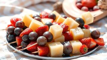 Close up of a plate of fruit skewers with strawberries, grapes, and pineapple photo