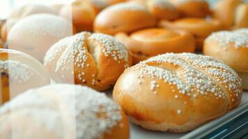 Close-up of Freshly Baked Bread Rolls with Sugar Sprinkles photo