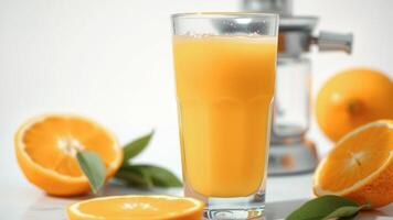Freshly squeezed orange juice with sliced oranges and leaves photo