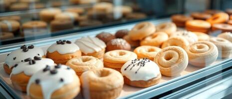 Freshly baked donuts in a bakery display case photo