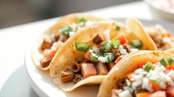 Closeup of Tacos with Ground Beef, Cheese, Tomatoes, and Green Onions photo