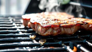 Close-up of Juicy Grilled Meat on a Barbecue Grill photo