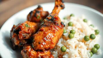 Close-Up of Glazed Chicken with Rice and Peas photo
